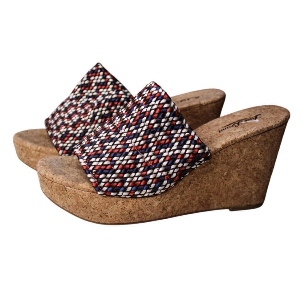 Lucky Brand Marilyn Platform Wedge Cork Slip On Sandals Red White Blue